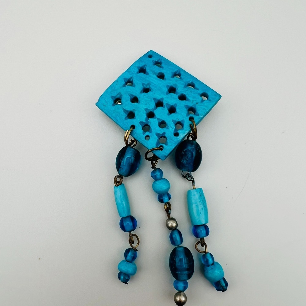 Blue Beaded Dangle Brooch Square Wood Cluster Fringe Drop Statement Boho Pin
